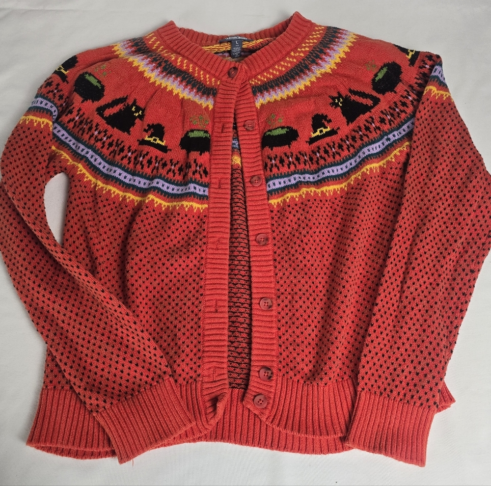 Modcloth Halloween Witches Hat cauldron Button Up Sweater Size L Black Cat